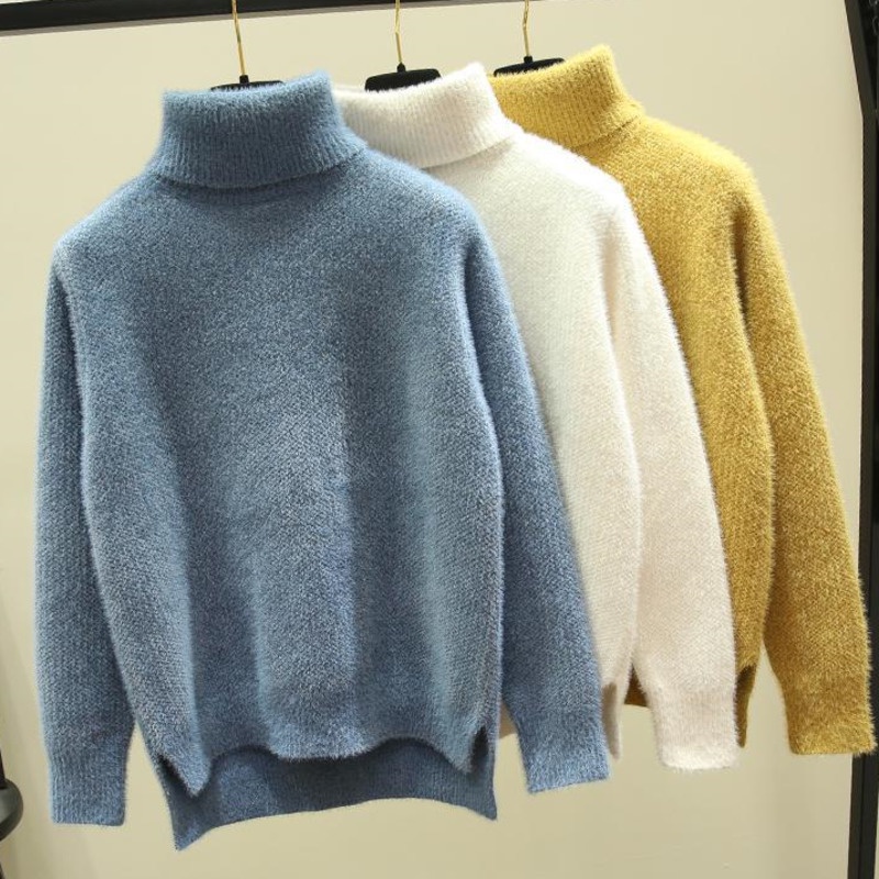 Áo sweater RENJIANVSHENG lông cừu dày dặn tay dài cổ lọ màu trơn phong cách Hàn Quốc