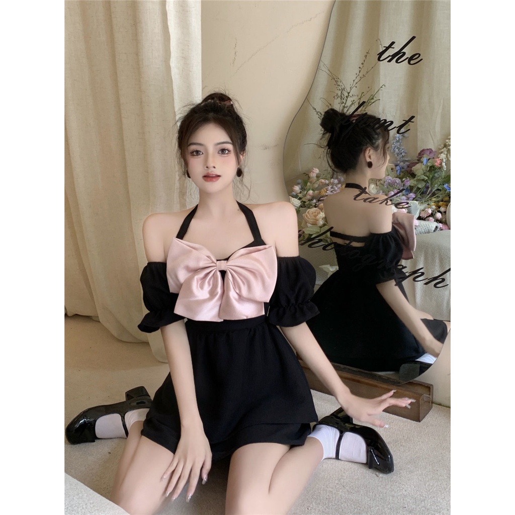 Đầm Trễ Vai Tay Phồng Cổ Thắt Nơ Eo Cao Phong Cách Pháp Ngọt Ngào