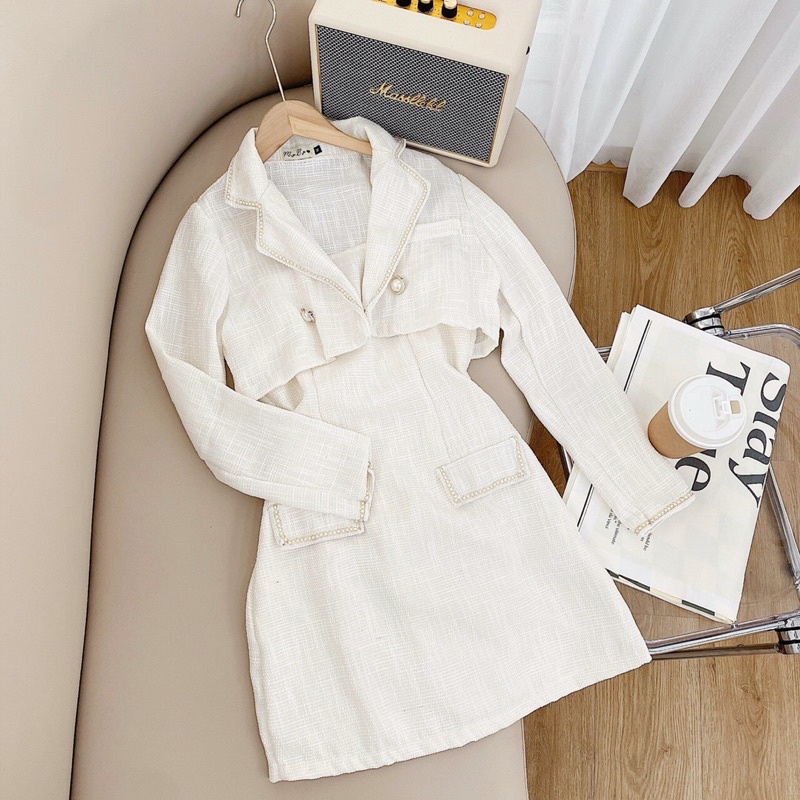 Set đầm 2 dây trắng dạ bố kèm áo khoác crop trắng tay dài,váy nữ siêu xonh cho bạn gái tôn dáng tôn da đi làm đi chơi