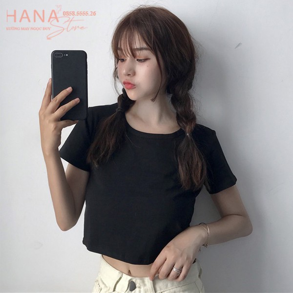 Áo croptop đen cổ tròn nữ tay ngắn form rộng ôm vai cá tính - Áo croptop tay ngắn vải cotton mềm mặc đi học biển tập gym