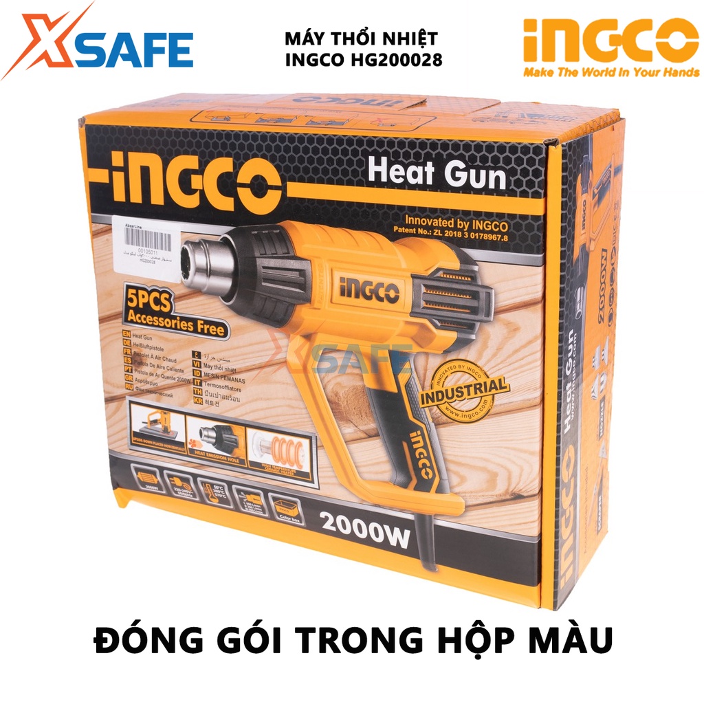 Máy khò nhiệt INGCO HG200028 2000W Máy thổi hơi nóng nhiệt độ 380-570 độ C, kèm 1 cây nạo/cào và 4 miệng vòi - [XSAFE]