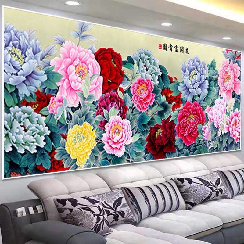 Tranh thêu chữ thập hoa mẫu đơn thêu kín 1m5