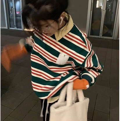 ZHELIHANGFEI Áo Thun Tay Dài Cổ Tròn Họa Tiết Kẻ Sọc Theo Phong Cách Retro Mỹ Dễ Phối Đồ