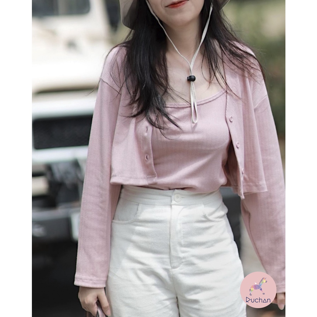Áo khoác cardigan RUCHAN croptop tay dài kèm áo 2 dây thun dệt gân nhiều màu kiểu đẹp dễ thương thời trang