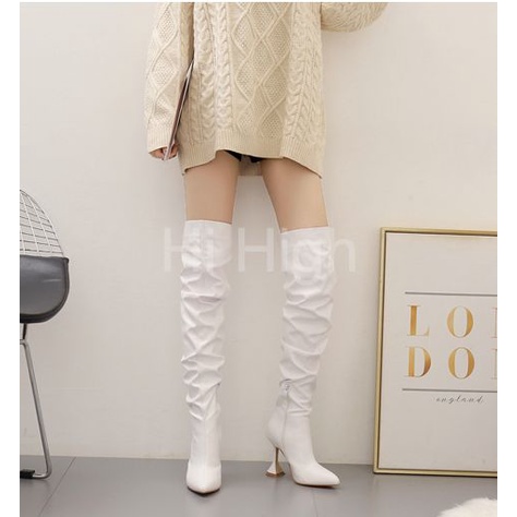 Giày boot đùi nữ siêu cao gót 10 phân ống cao da trơn cá tính thu đông cho nữ 2023