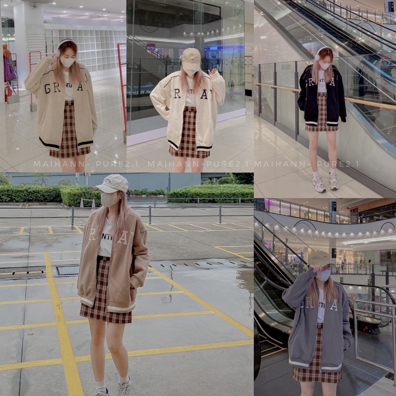 Áo khoác bomber nỉ lót bông chữ GRAY