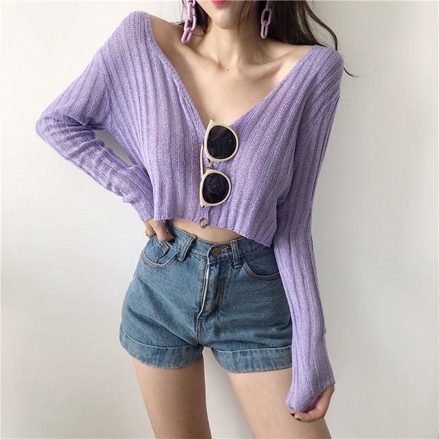 Áo len croptop dài tay cổ chữ V Ulzzang nữ - ảnh thật