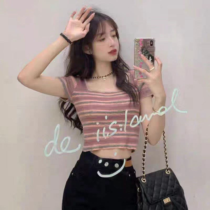 Áo thun len cầu vồng croptop cổ chữ U hottrend 2023 thiết kế mới nhất phong cách  uzzang Hàn Quốc