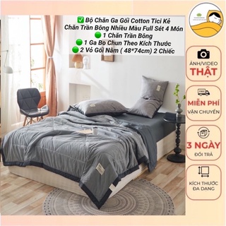 Bộ Chăn Ga Gối Cotton TiCi Kẻ Chăn Chần Mềm Mịn Nhập Khẩu Full Size Ga Giường