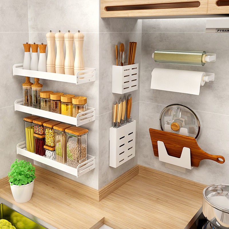 giá đựng gia vị nhà bếp miễn phí giá đỡ gia vị treo tường có đục lỗ Đồ gia dụng Kệ lưu trữ Daquan Màu trắng
