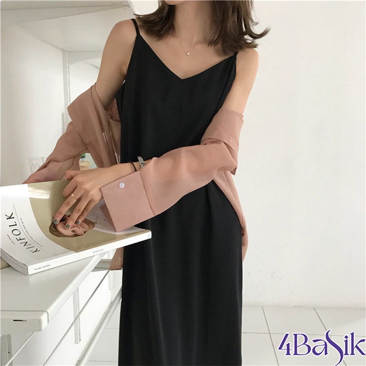 Váy 2 dây dài suông quốc dân 4BASIK có khuy điều chỉnh chất đũi lụa mát mặc nhà đi biển du lịch - VX01
