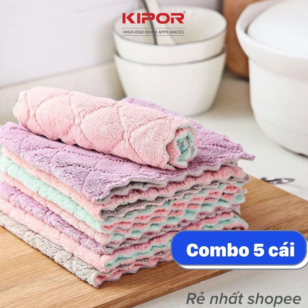 Combo 5 Khăn lau bếp đa năng KIPOR 2 mặt tiện dụng - Siêu thấm nước, mềm mịn, kháng khuẩn - Dễ giặt sạch, phơi nhanh khô