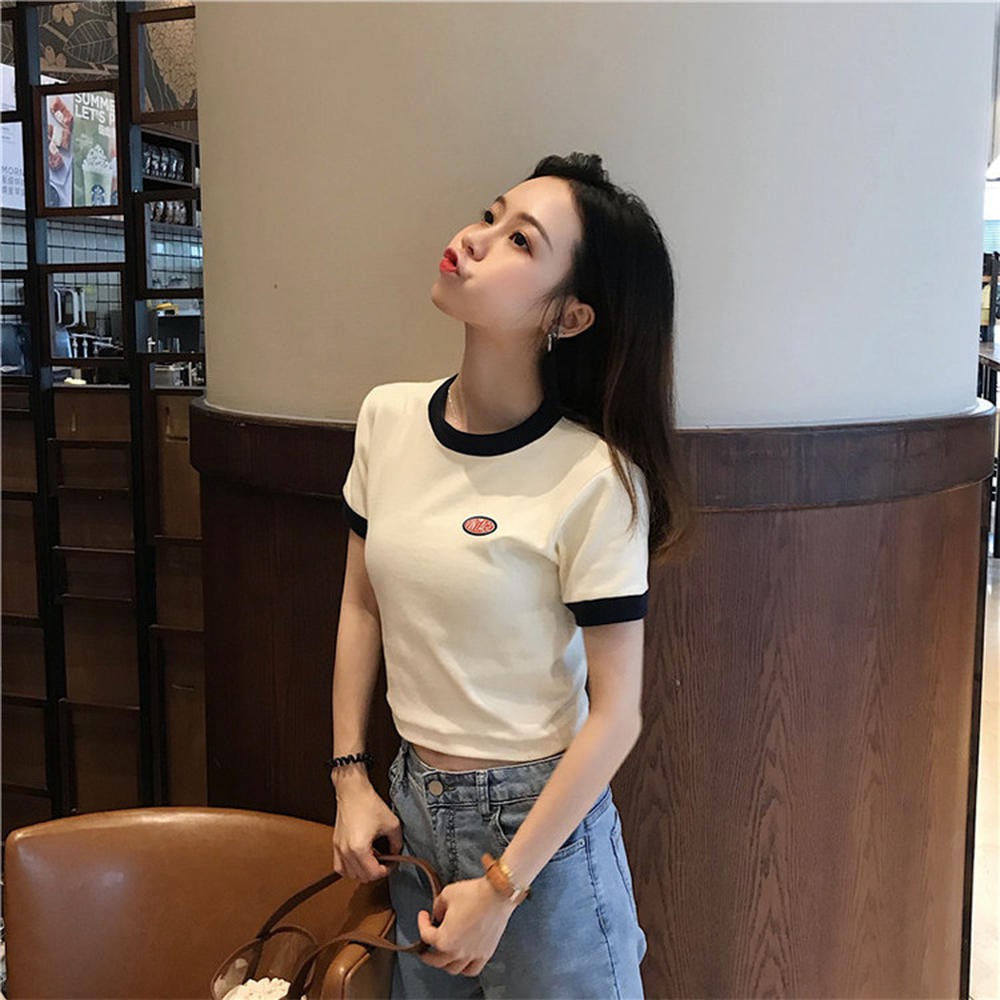 Áo Thun cotton Croptop Ngắn Tay In Họa Tiết Tương Phản Cá Tính - 27220