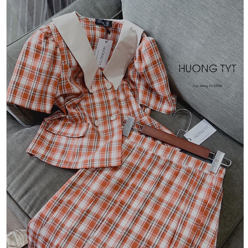 Set Caro công sở gam màu cam cháy tôn da, chất liệu mềm mại, thoáng mát, phù hợp đi làm, đi chơi