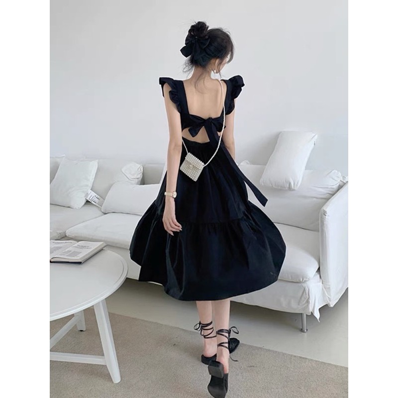 Đầm babydoll đen dáng dài thắt nơ sau lưng xinh xắn phong cách ulzzang