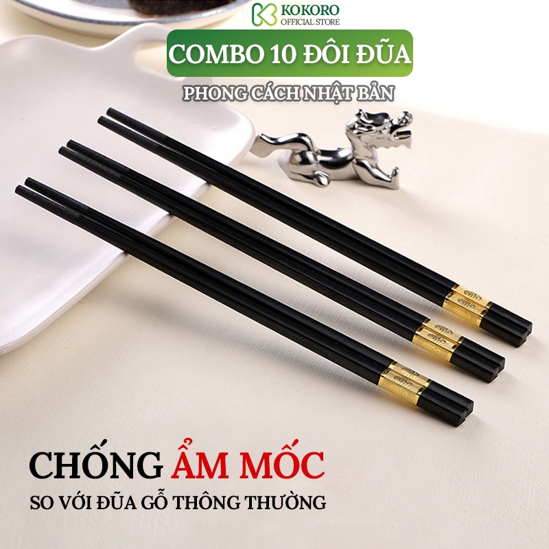 Bộ 10 đôi đũa nhựa phong các Nhật Bản dùng ăn cơm cao cấp khảm vàng chịu nhiệt chống trơn tốt hơn đũa gỗ phụ kiện bàn ăn