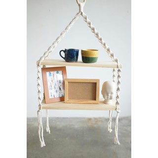 Kệ Gỗ Treo Tường Trang Trí Dây Thừng Macrame Nút Cuộn Boho 2 Tầng