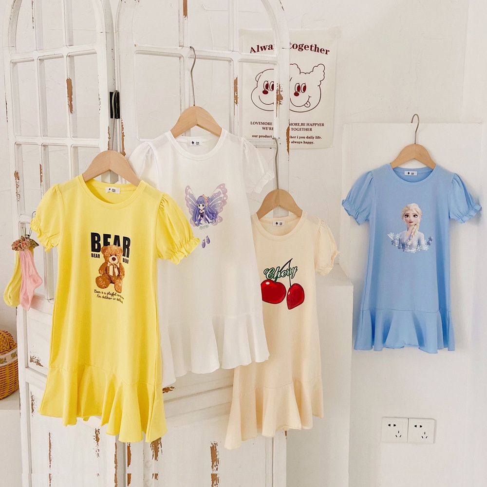 Đồ ngủ 100% Cotton Tay Phồng In Họa Tiết Hoạt Hình Frozen Dành Cho Bé Gái