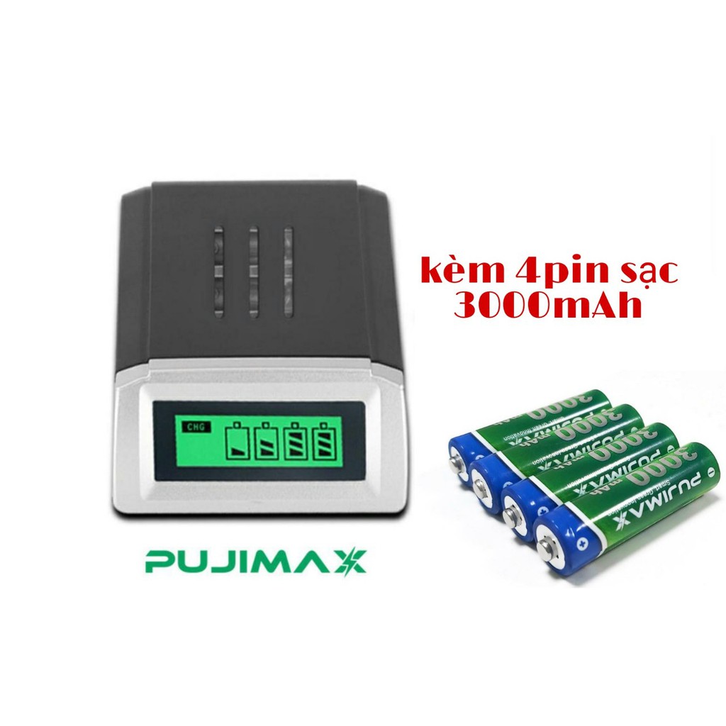 Bộ sạc pin AA, AAA LCD-002 kèm 4pin sạc AA 3000mAh tốc độ cao hiển thị vạch pin trên màn hình