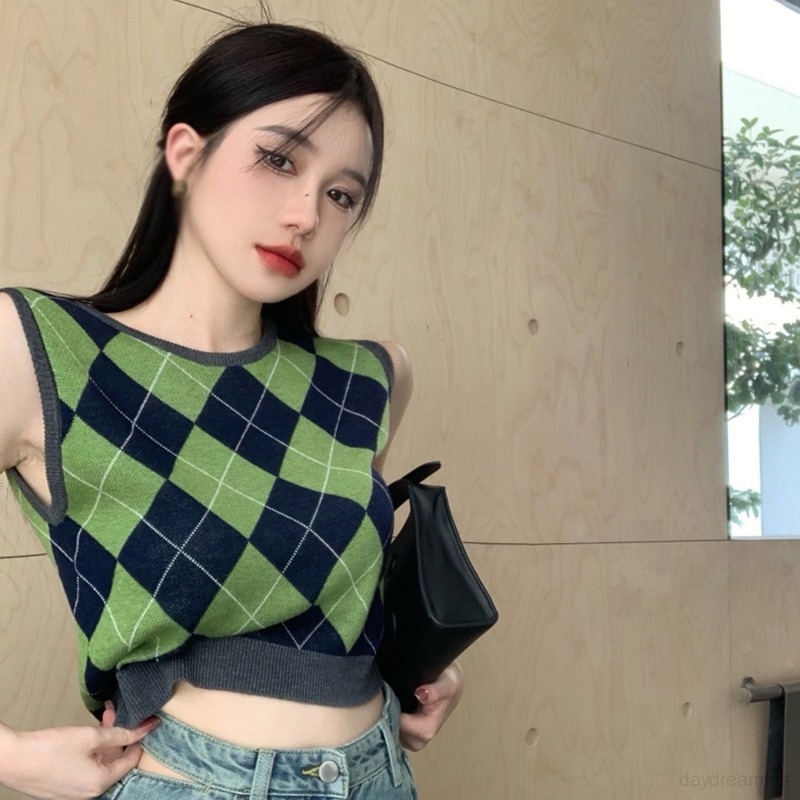 Áo Tank Top Dệt Kim Cổ Tròn Họa Tiết Kẻ Sọc Thiết Kế Đơn Giản Thời Trang Cho Nữ