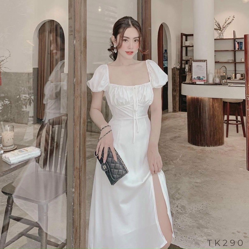 Đầm váy trắng cổ vuông xẻ tà