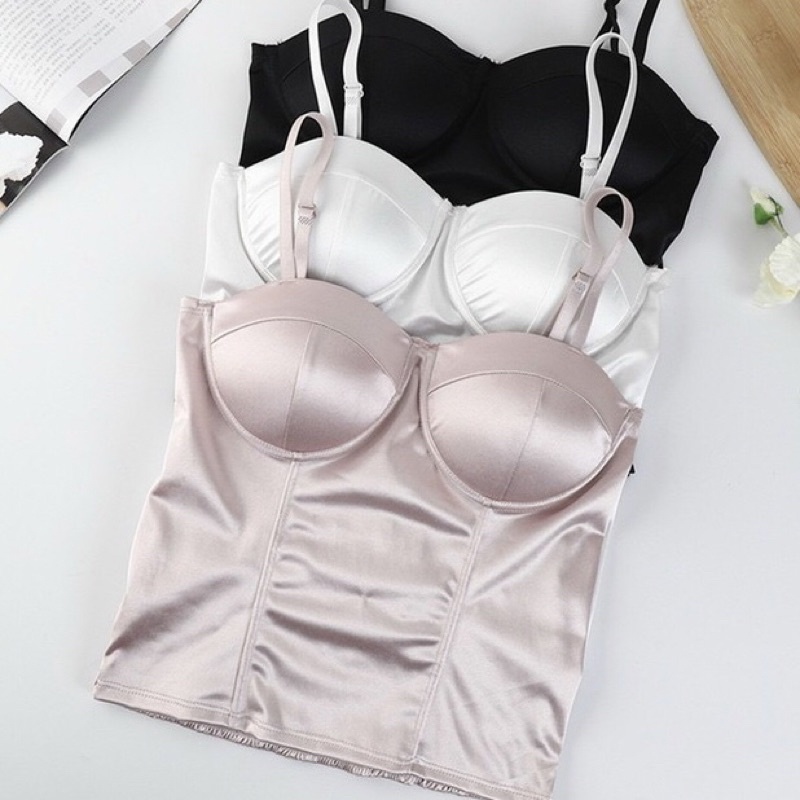 Áo Bra Giả Corset Phi Lụa Có Thun Bo Lưng Co Giãn - Áo Cúp Ngang Phi Bóng Mã Mới Có Đệm Ngực May Sẵn Minhduongct