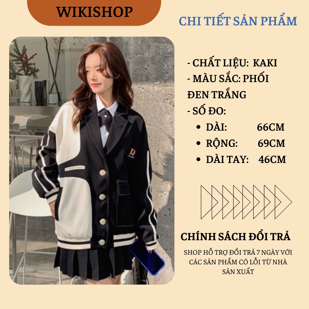 Áo khoác cổ vest, áo khoác bomber cúc bấm nam nữ phom rộng phối đen trắng cá tính hàn quốc đi chơi mùa đông C107