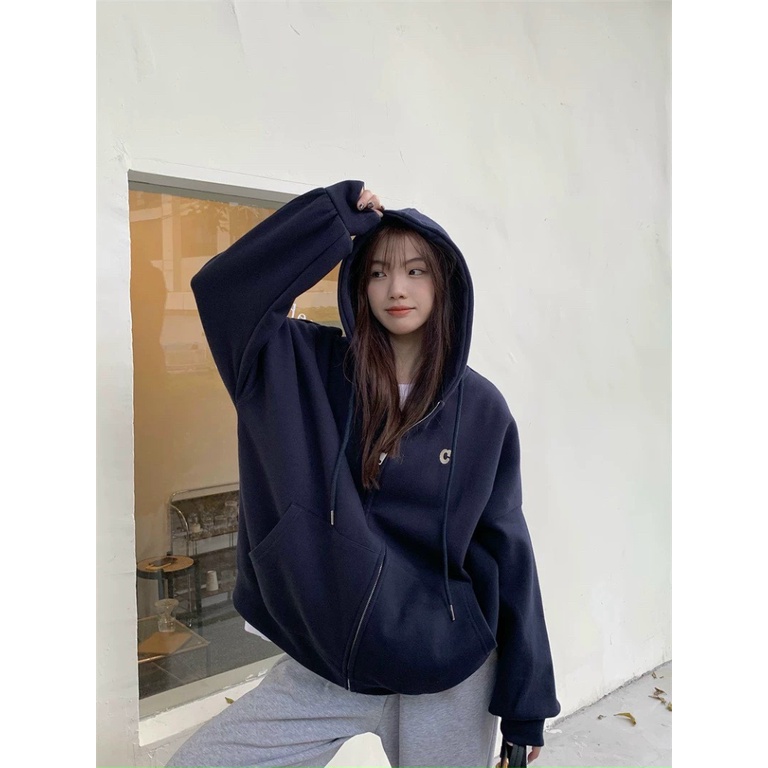 Áo Khoác Hoodie Họa Tiết Chữ C Fom Rộng Có Dây kéo Thời Trang Phong Cách HÀn Sành Điệu Trẻ Trung thoi trang shop valenti