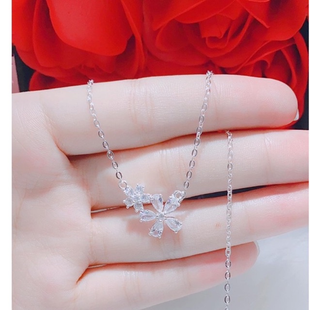 Dây chuyền bạc nữ DaLiA Jewelry vòng cổ 2 bông hoa dễ thương dây chuyền xích đá đẹp không gỉ bạc thật 925