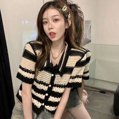 ihkke Áo Cardigan Dệt Kim Tay Ngắn Cổ POLO Họa Tiết Kẻ Sọc Thời Trang Mùa Hè Hàng Mới Dành Cho Bạn Nữ