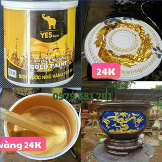 Sơn Nhũ Vàng Ánh Kim 24K Hệ Nước Lon 850gr Bao Đẹp & Tặng Cọ