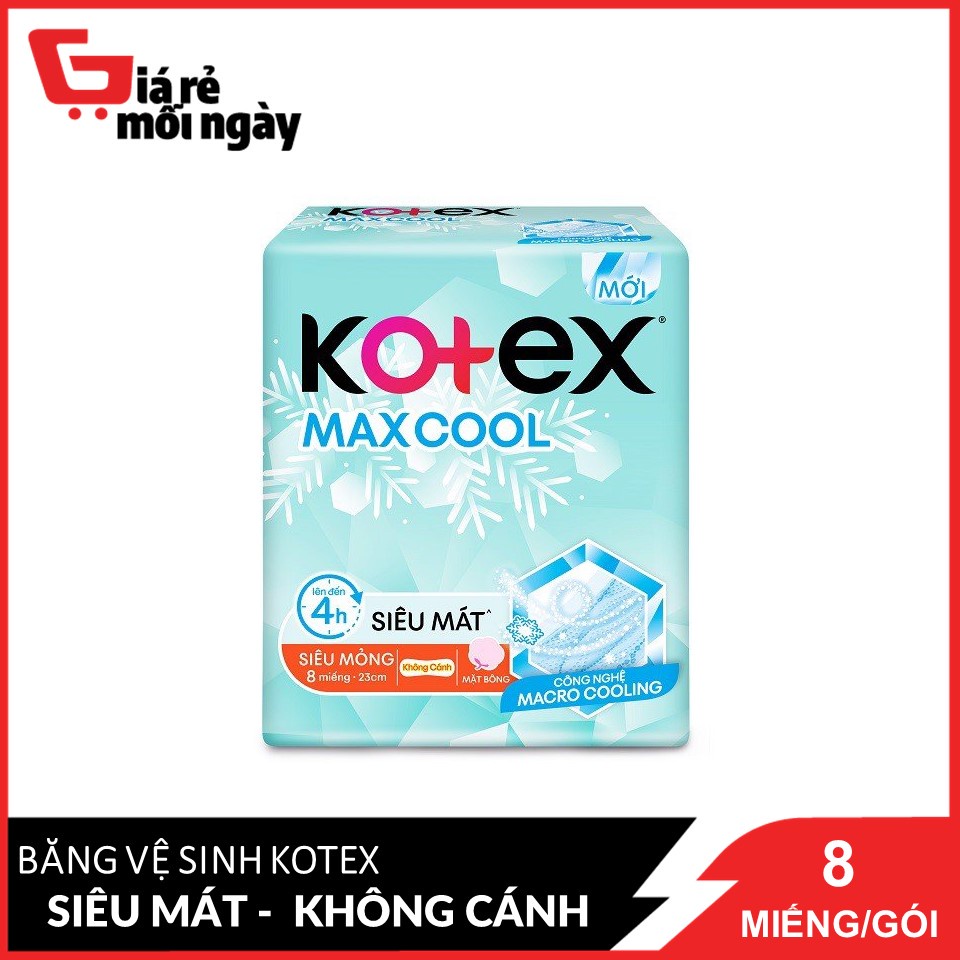 Băng Vệ Sinh Siêu Mỏng Không Cánh 23cm 8 Miếng Kotex MaxCool Mặt Bông Mềm Mại