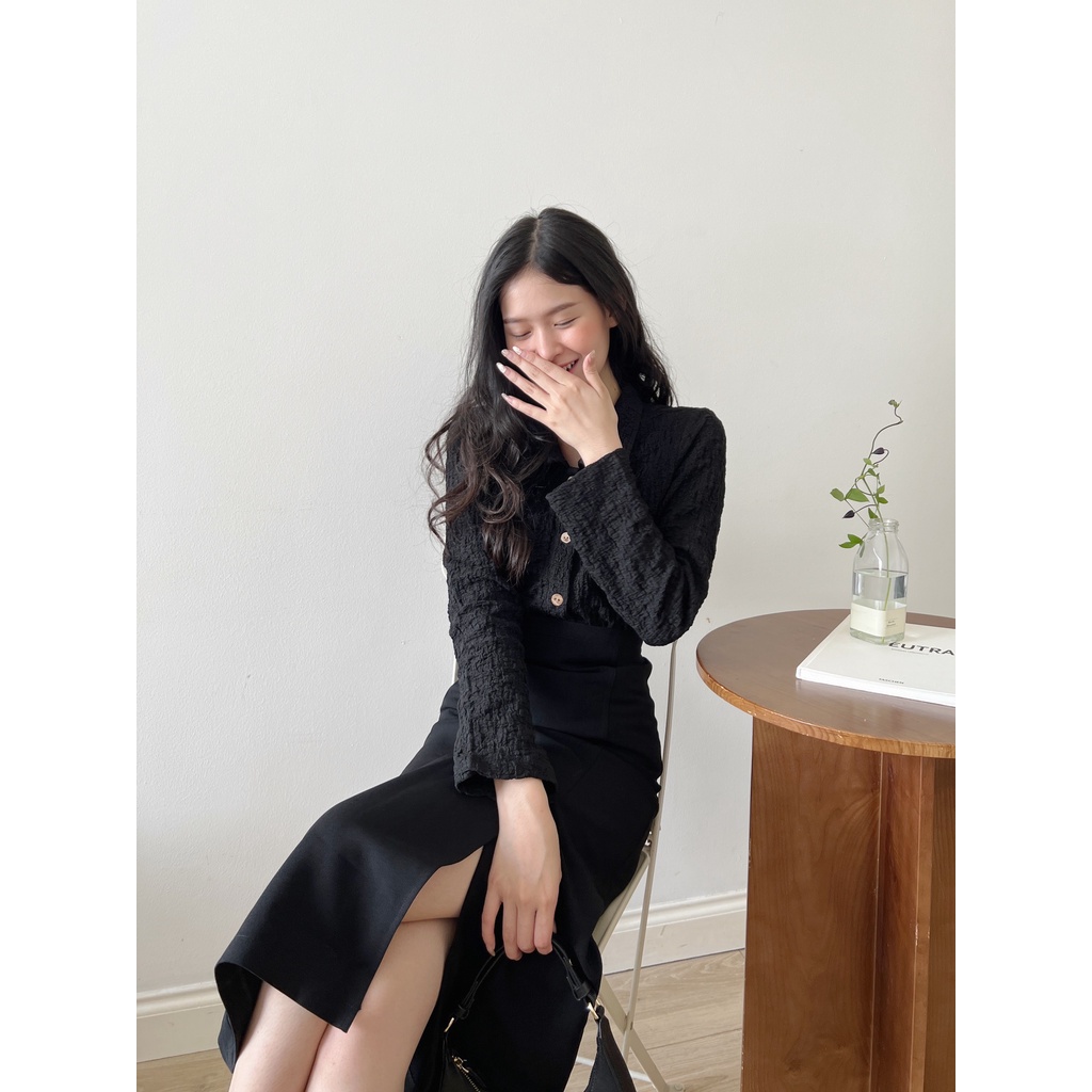 YU CHERRY | Áo sơmi nữ chất vải thun gân cách điệu Pattern Spandex Shirt YA378