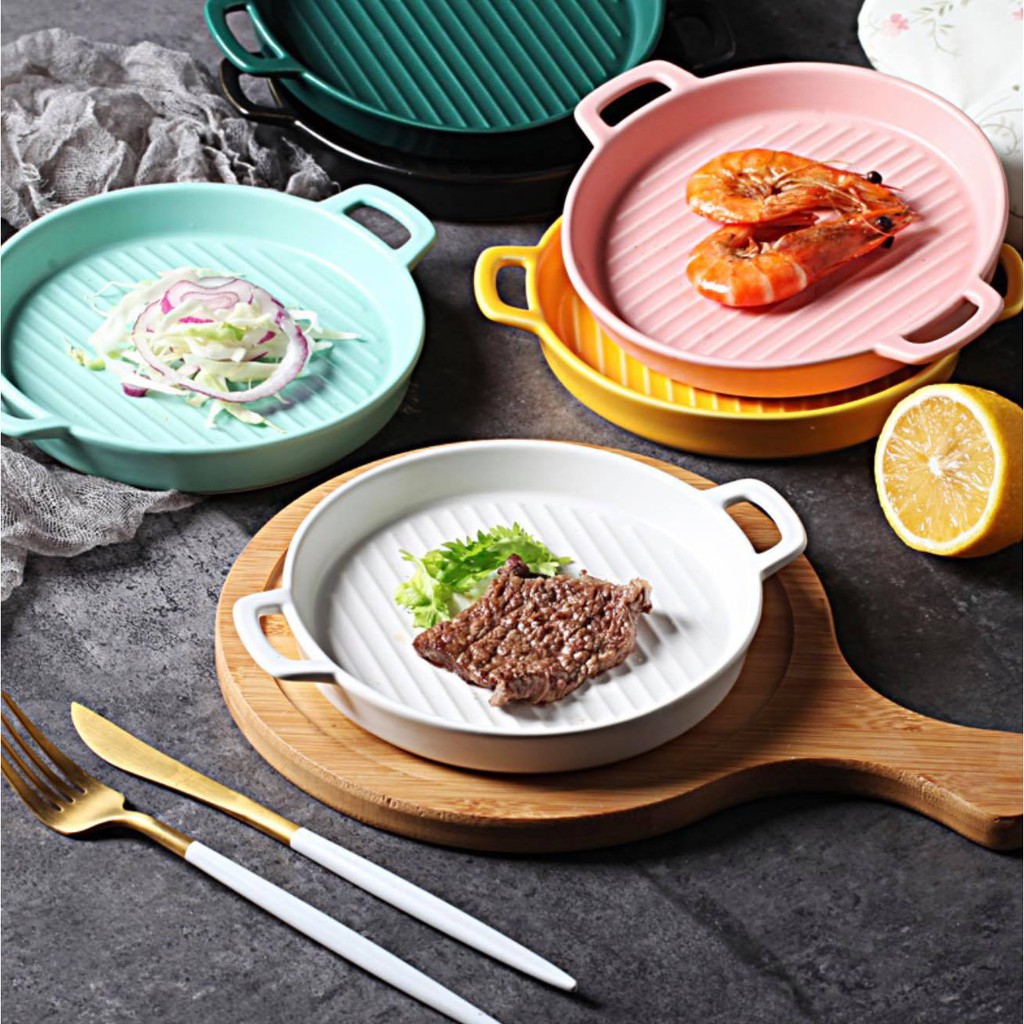 Dĩa gốm sứ kiểu dáng hình chảo có tay cầm