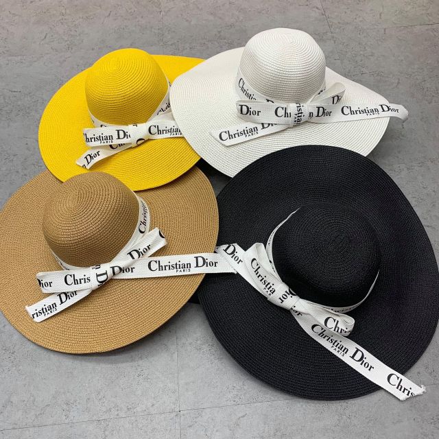 Mũ cói đi biển vành rộng dây nơ Dio trắng siêu sang