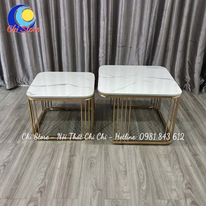 Bàn Trà Đôi Vuông Mặt Đá 3D Khung Sơn Tĩnh Điện, Bàn Trà Đôi Phòng Khách Sang Chảnh