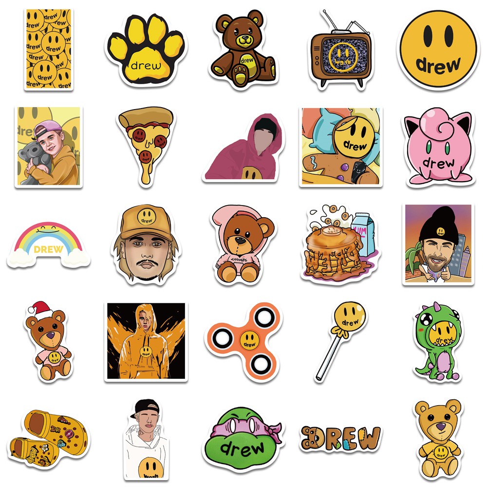 Set 50 nhãn dán hình ca sĩ Justin Bieber graffiti trang trí ván trượt/ xe đạp/ máy tính/ laptop/ xe đồ chơi trẻ em