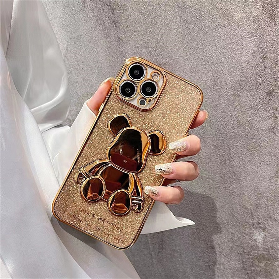 Ốp Lưng iphone Gấu Bearbrick Viền Xi kim tuyến in 3D bảo vệ Camera cho IP 6 6s 7 8 Plus SE X XS XS Max 11 12 13 Pro Max