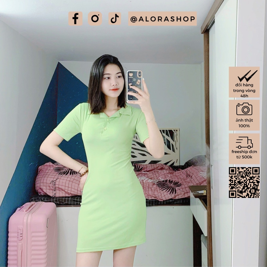 Váy nữ polo, đầm nữ cổ bẻ chất cotton zip dáng ôm ngắn tay hồng, đen freesize thời trang nữ Alora | BigBuy360 - bigbuy360.vn