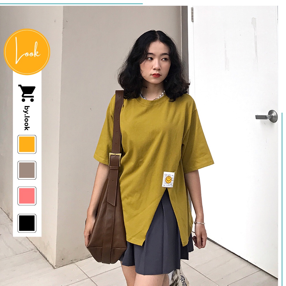 Áo thun xẻ tà Unisex LM Basic Tee phông trơn nữ tay lỡ Freesize form rộng Hàn Quốc