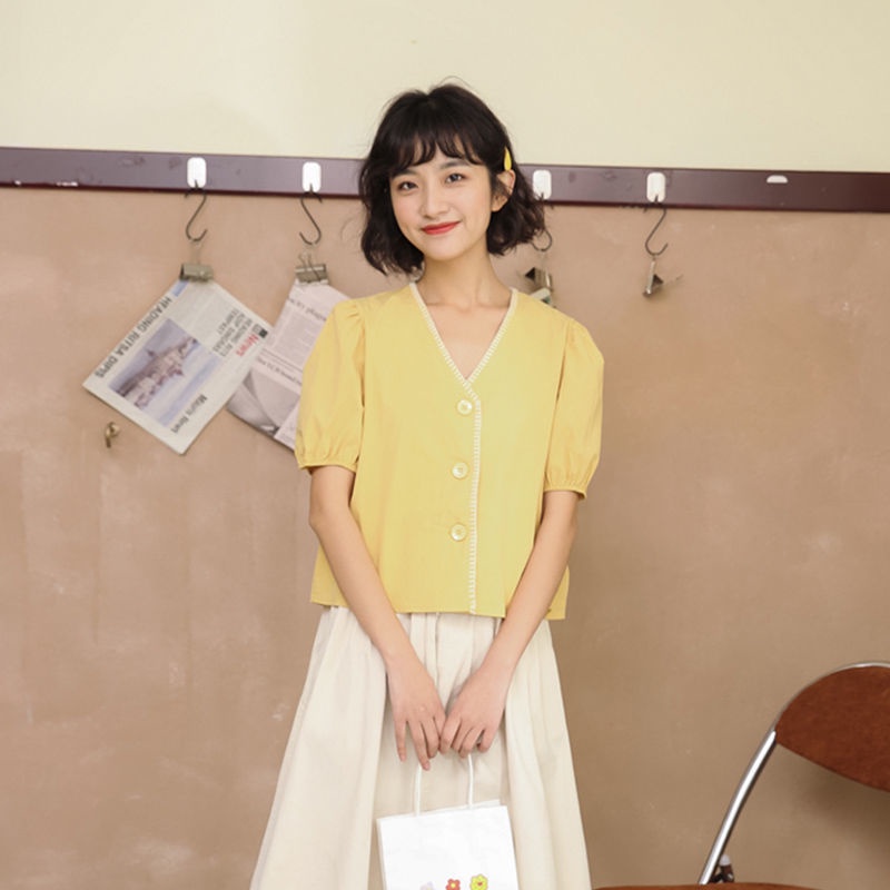 Áo Sơ Mi Tay Ngắn Cổ Chữ V Dáng Rộng Phong Cách Nhật Bản Thời Trang Cho Nữ