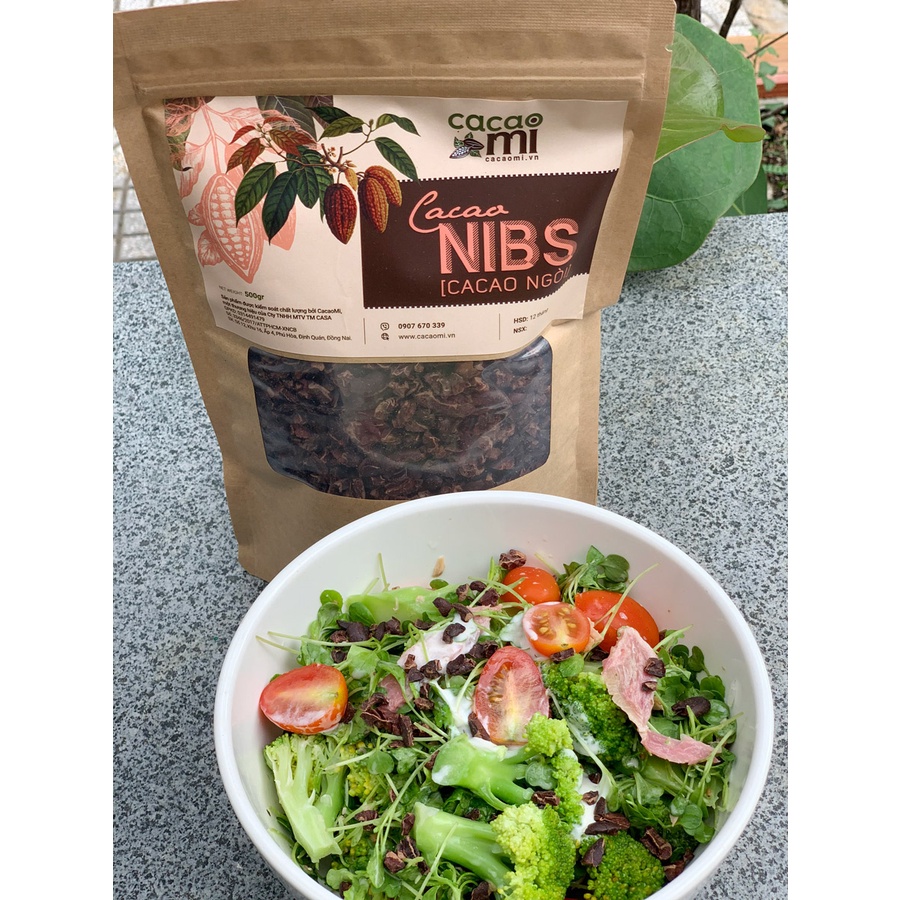 Cacao nibs CACAOMI hạt cacao 100% nguyên chất rang mộc tự nhiên dùng kèm granola, ngũ cốc, salad 500g