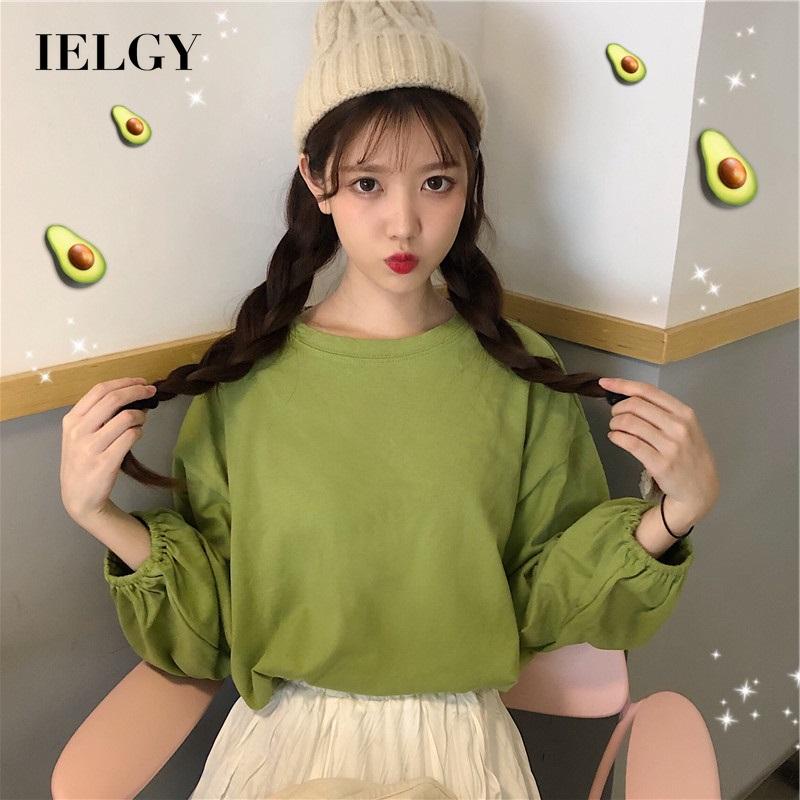 IELGY  Áo Thun Dài Tay Dáng Rộng Màu Trơn Đơn Giản Cho Nữ