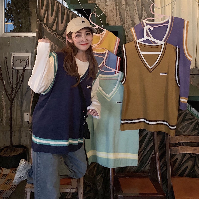 Áo Len Không Tay Cổ Chữ V Họa Tiết Kẻ Sọc Thời Trang Mùa Thu Hàn Quốc