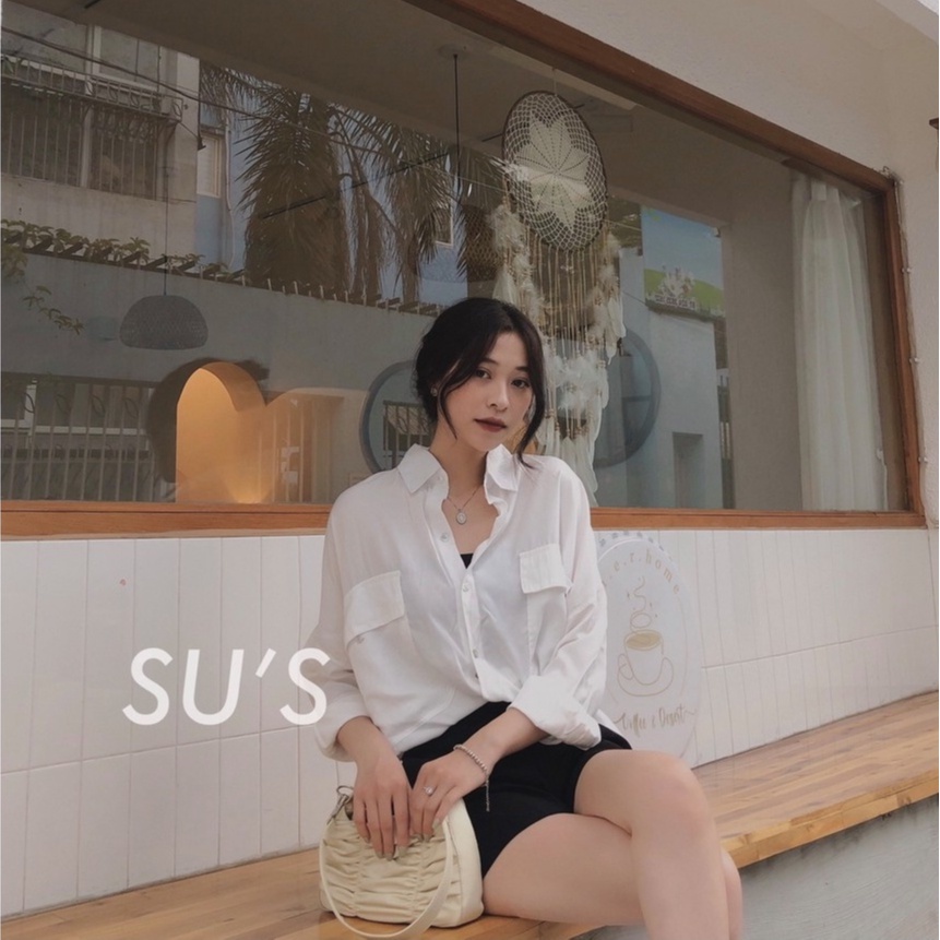 Áo sơ mi nữ form rộng dài tay Cheapy thô đũi 2 túi trắng nâu freesize dáng học sinh vintage Hàn Quốc C418