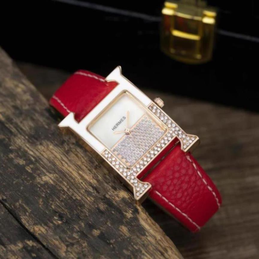 Đồng hồ nữ Hermes dây da mặt vuông đính đá cao cấp full box tặng hộp - DHN02 shopmau