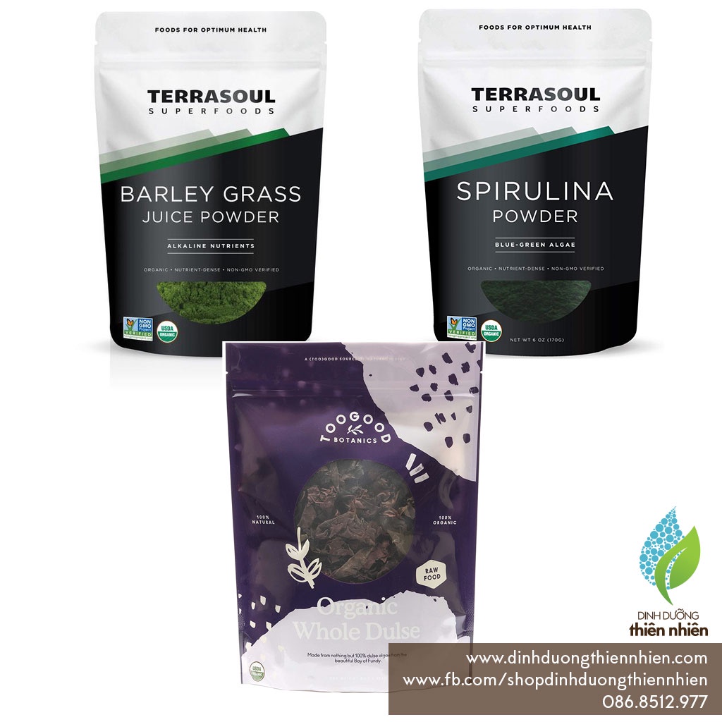 Combo 3 Món: Tảo Biển Dulse 112g, Bột Tảo Spirulina Hữu Cơ, Bột Nước Ép Cỏ Lúa Mạch (Đại Mạch Barley Grass ) Hữu Cơ