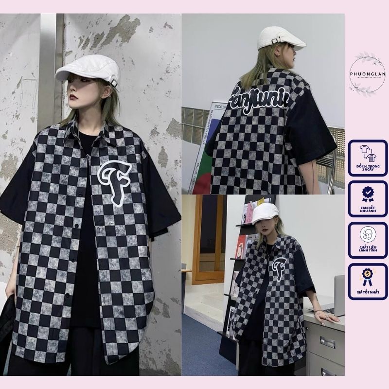 Áo sơ mi  Áo cổ bẻ form rộng unisex cộc tay bàn cờ chữ F phong cách Hàn Quốc Ulzzang PHULA nữ