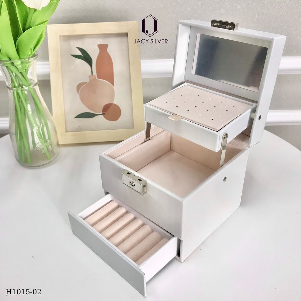 Hộp da đựng trang sức 3 tầng kèm gương, chống nước, hộp đựng nữ trang gọn gàng, tiện lợi H1015