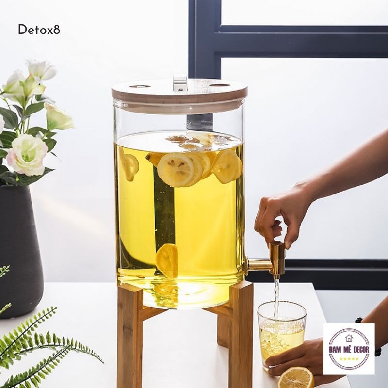 Bộ bình thủy tinh có vòi inox bình detox có vòi kèm kệ gỗ sang trọng